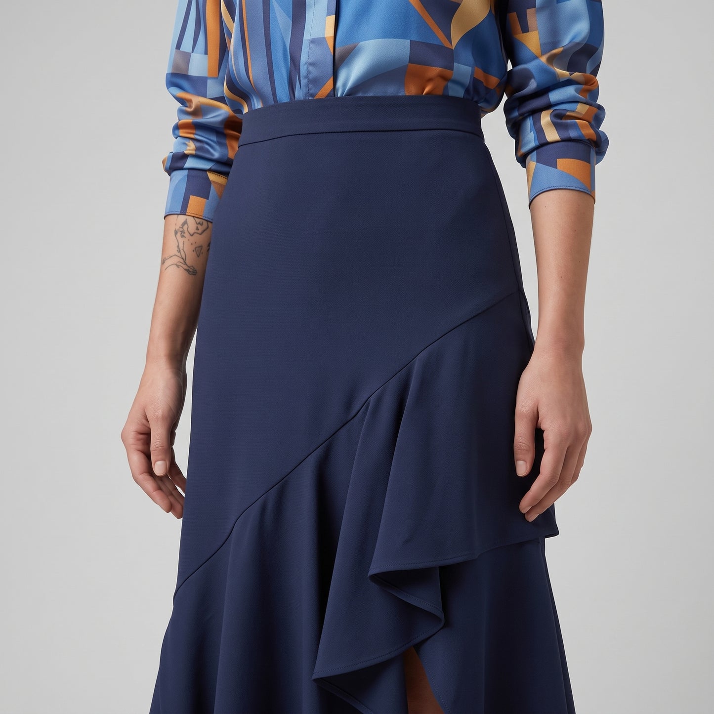 Navy Asymmetric Ruffle Midi Skirt
