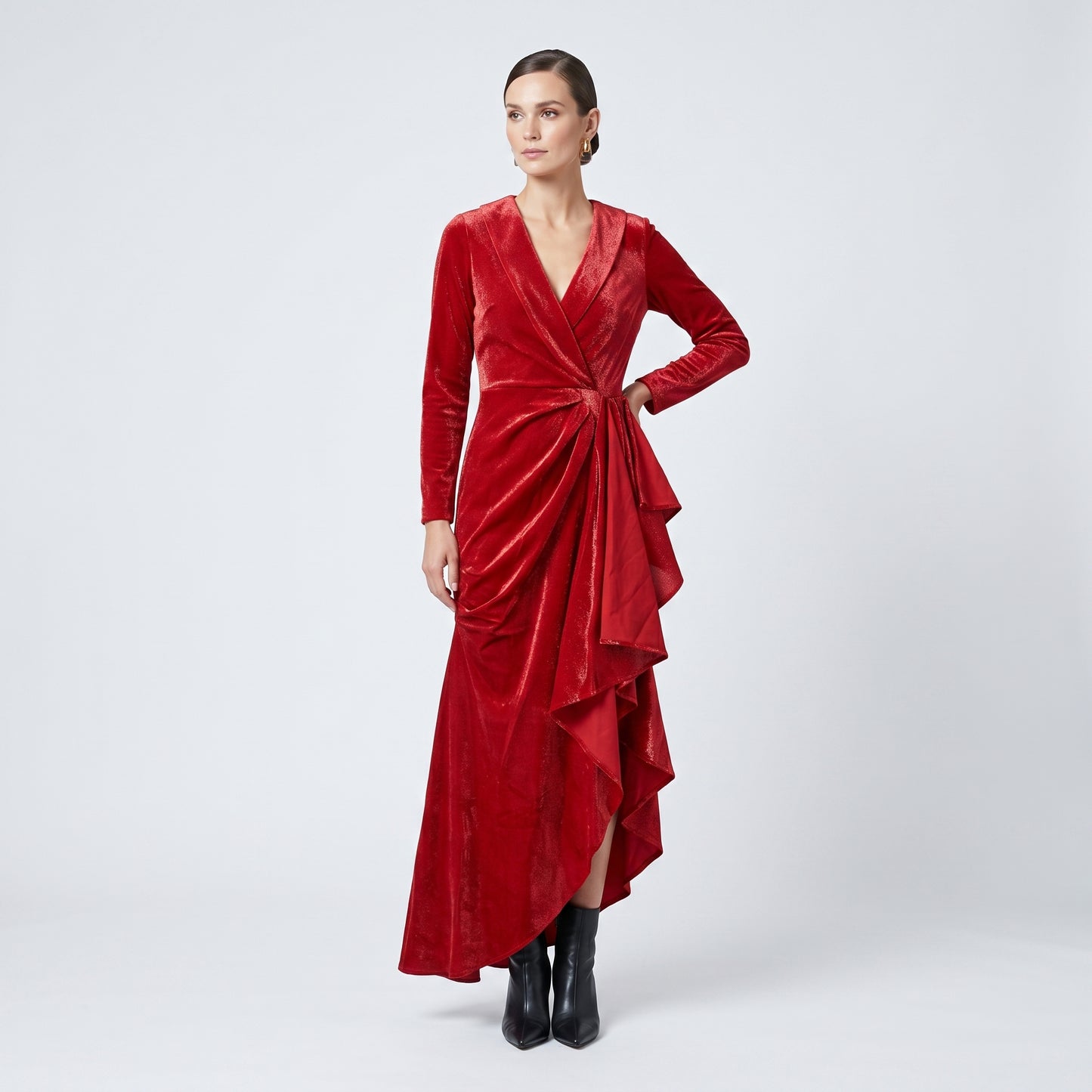 Red Velvet Ruffled Midi Dress