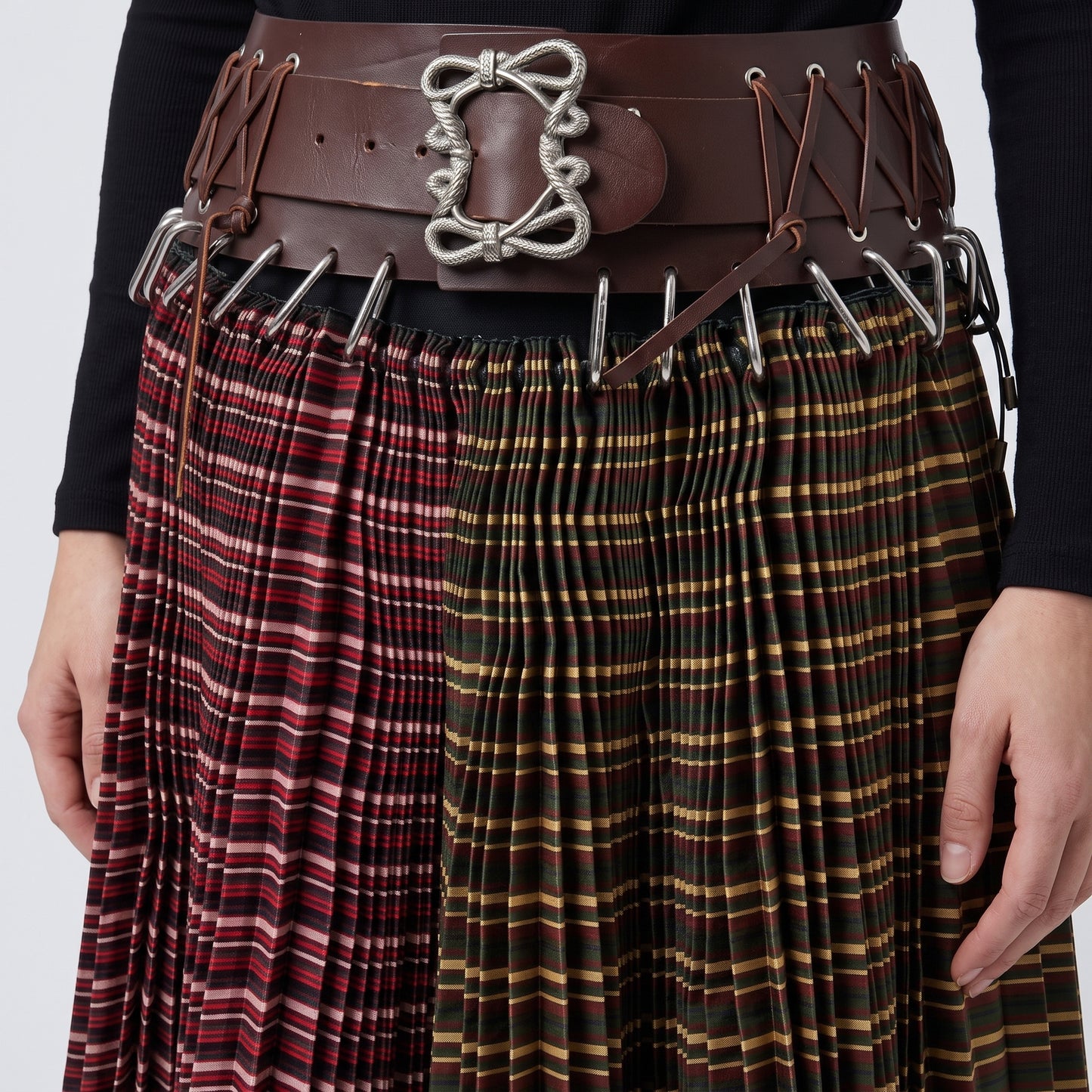 Paneled Tartan Pleated Midi Skirt