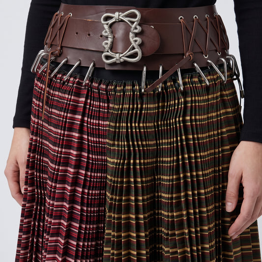 Paneled Tartan Pleated Midi Skirt