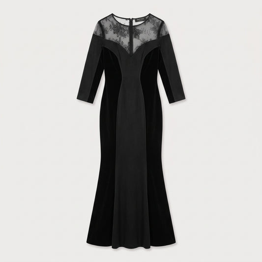 Lace Paneled Velvet Evening Gown