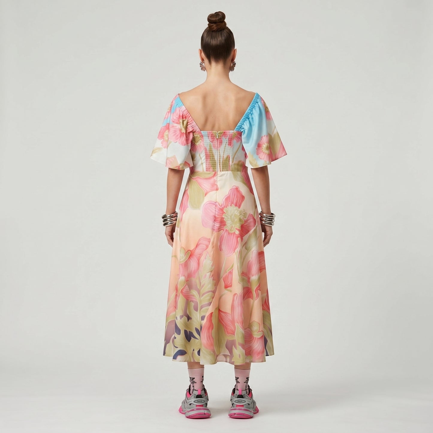 Floral Cape Effect Flare Dress