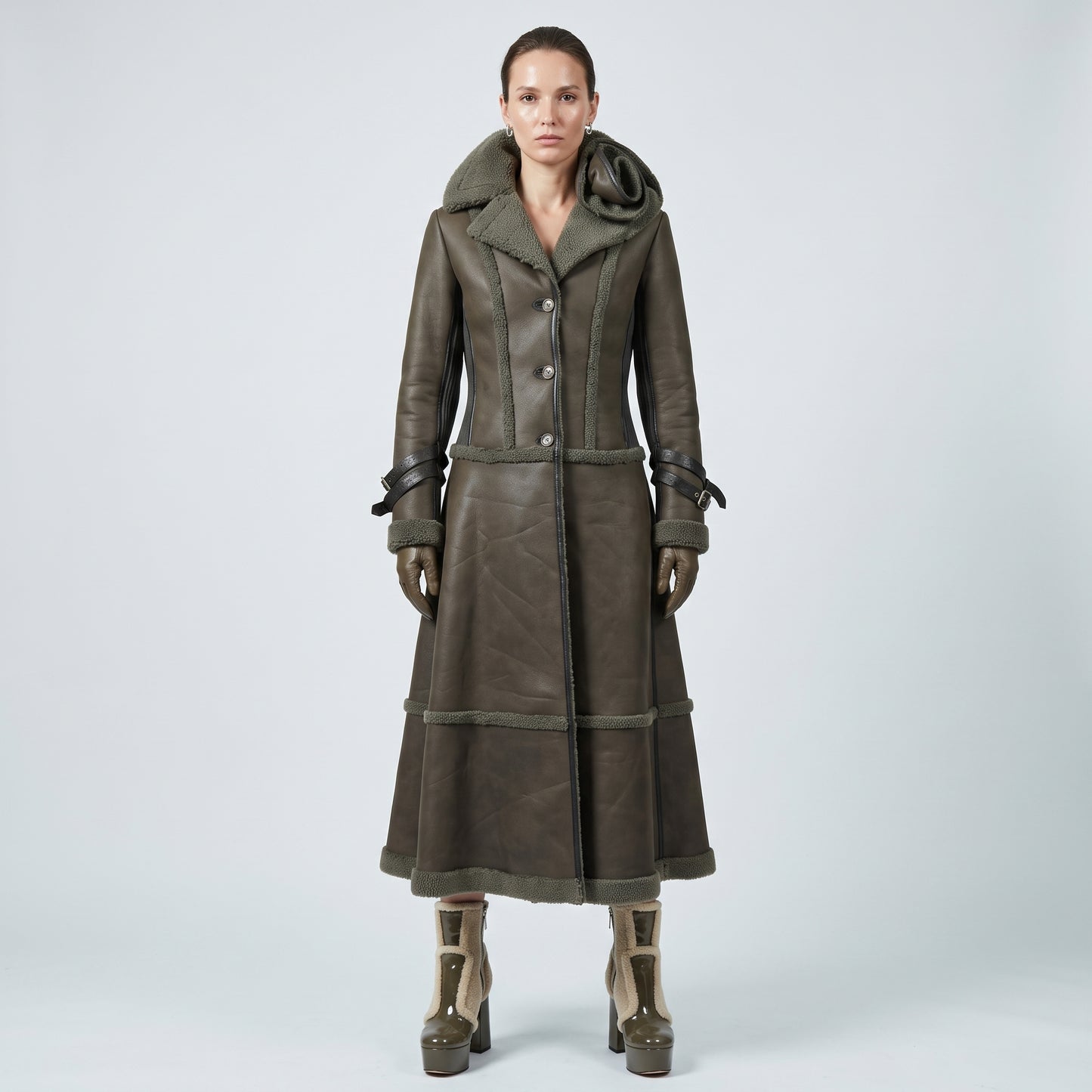 Shearling Paneled Floral Detail Coat