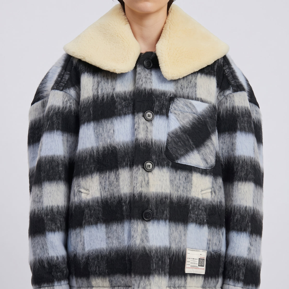 Fuzzy Plaid Shearling Collar Jacket