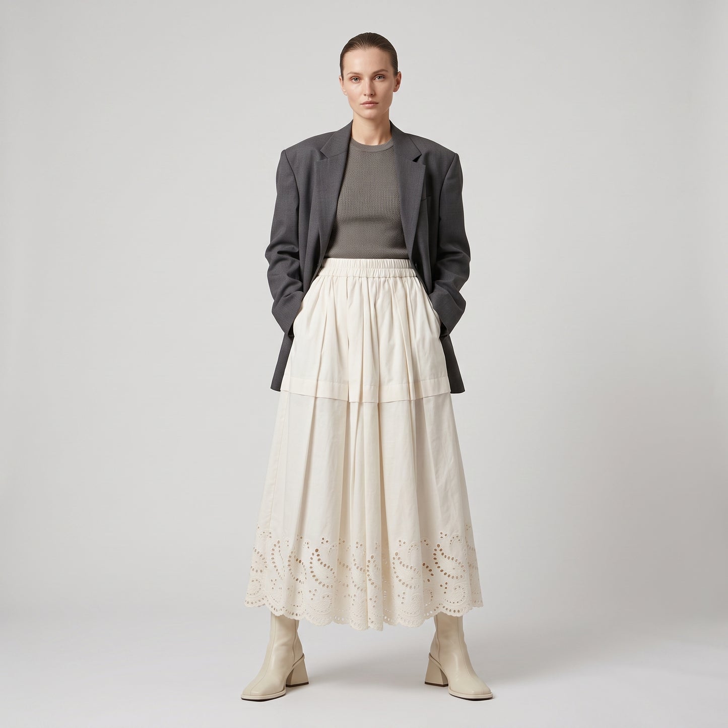 Pleated Embroidered Midi Skirt