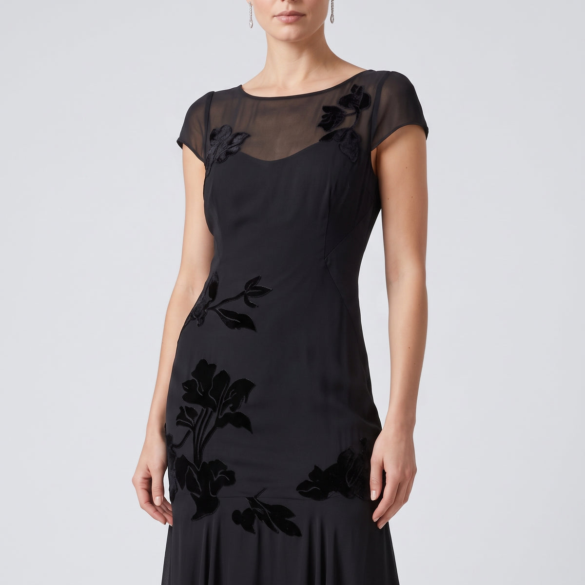 Floral Embroidered Black Midi Dress