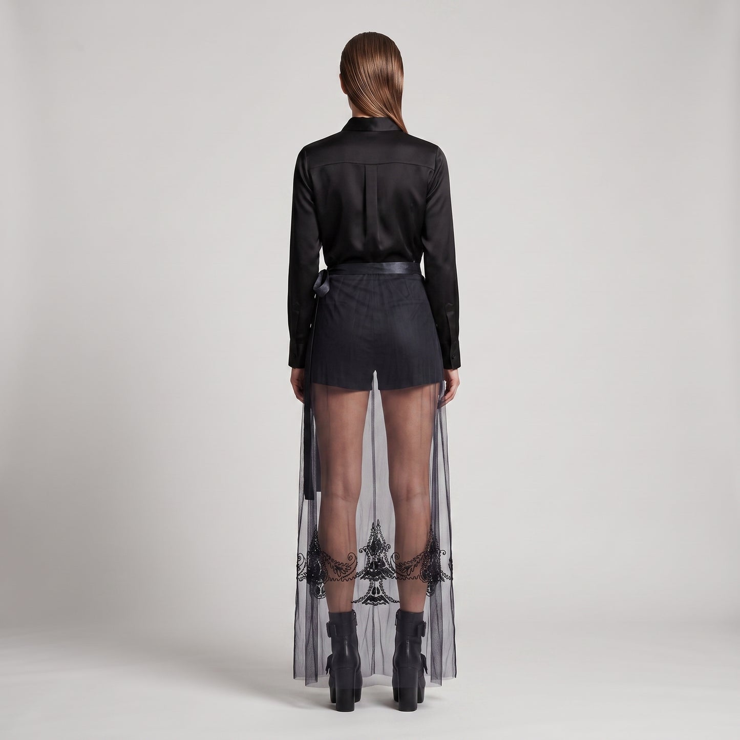 Embroidered Navy Tulle Midi Skirt