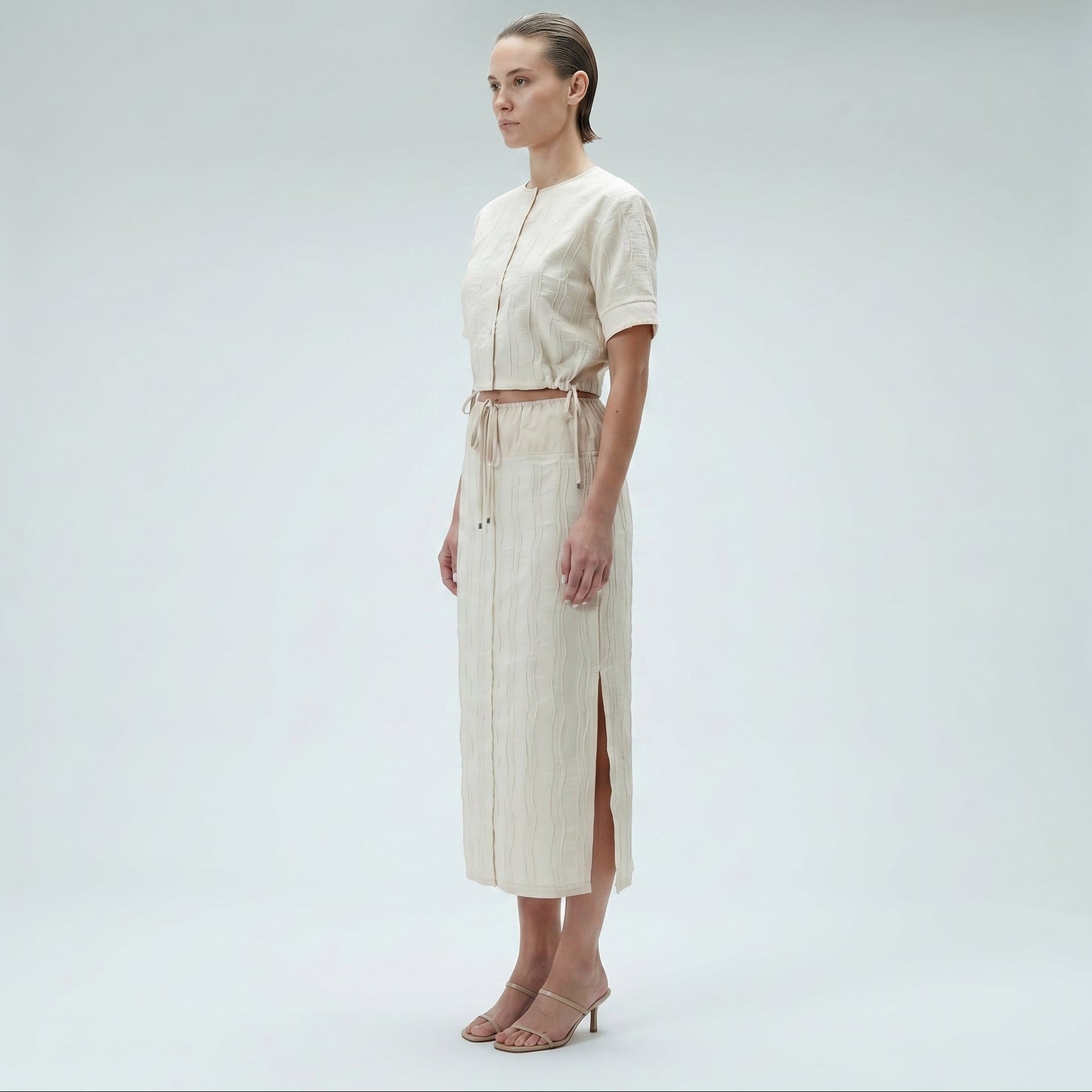 Textured Drawstring Midi Skirt