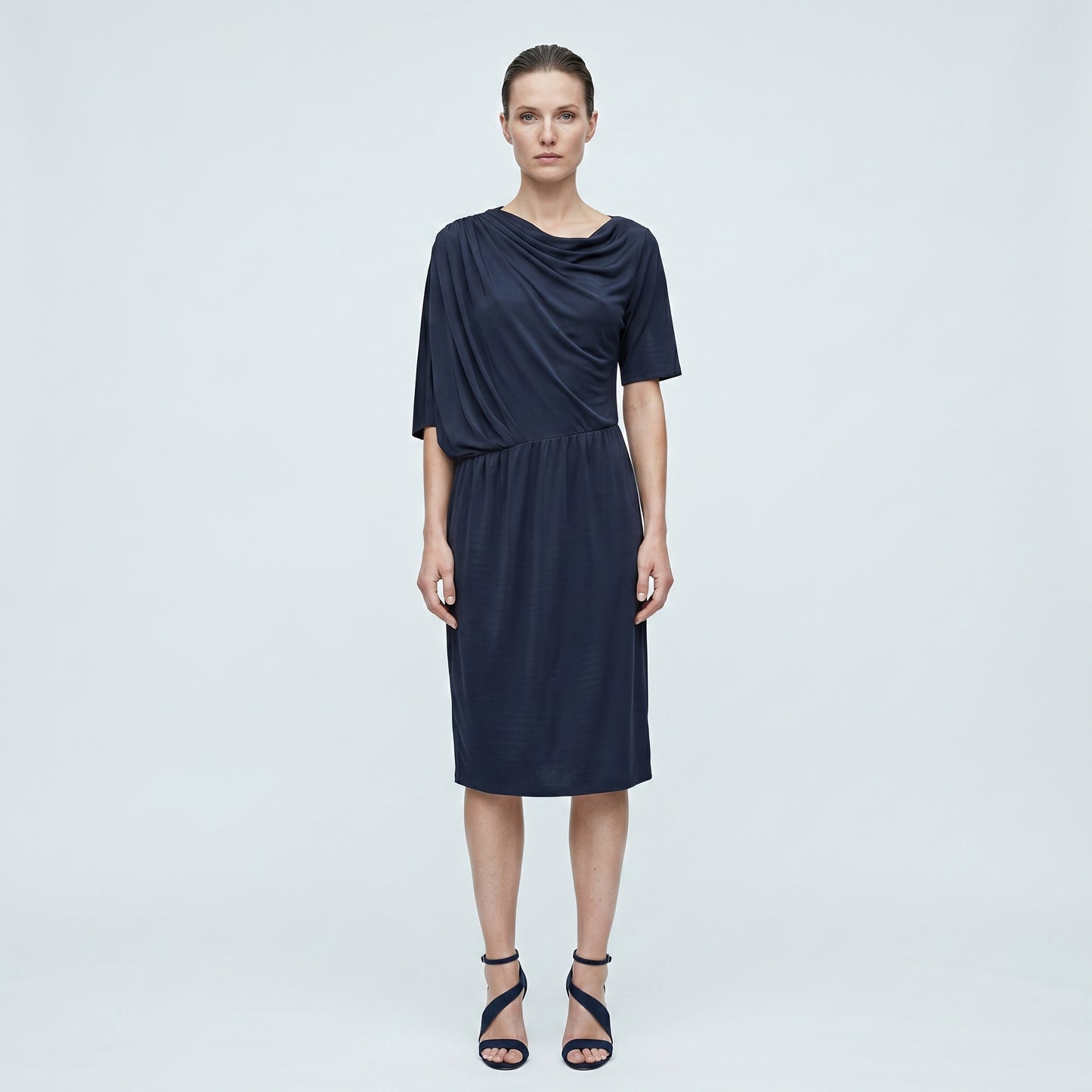 Asymmetric Draped Black Jersey Dress