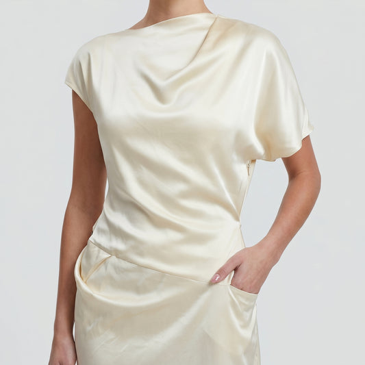 Draped Silk Cowl Midi Dress