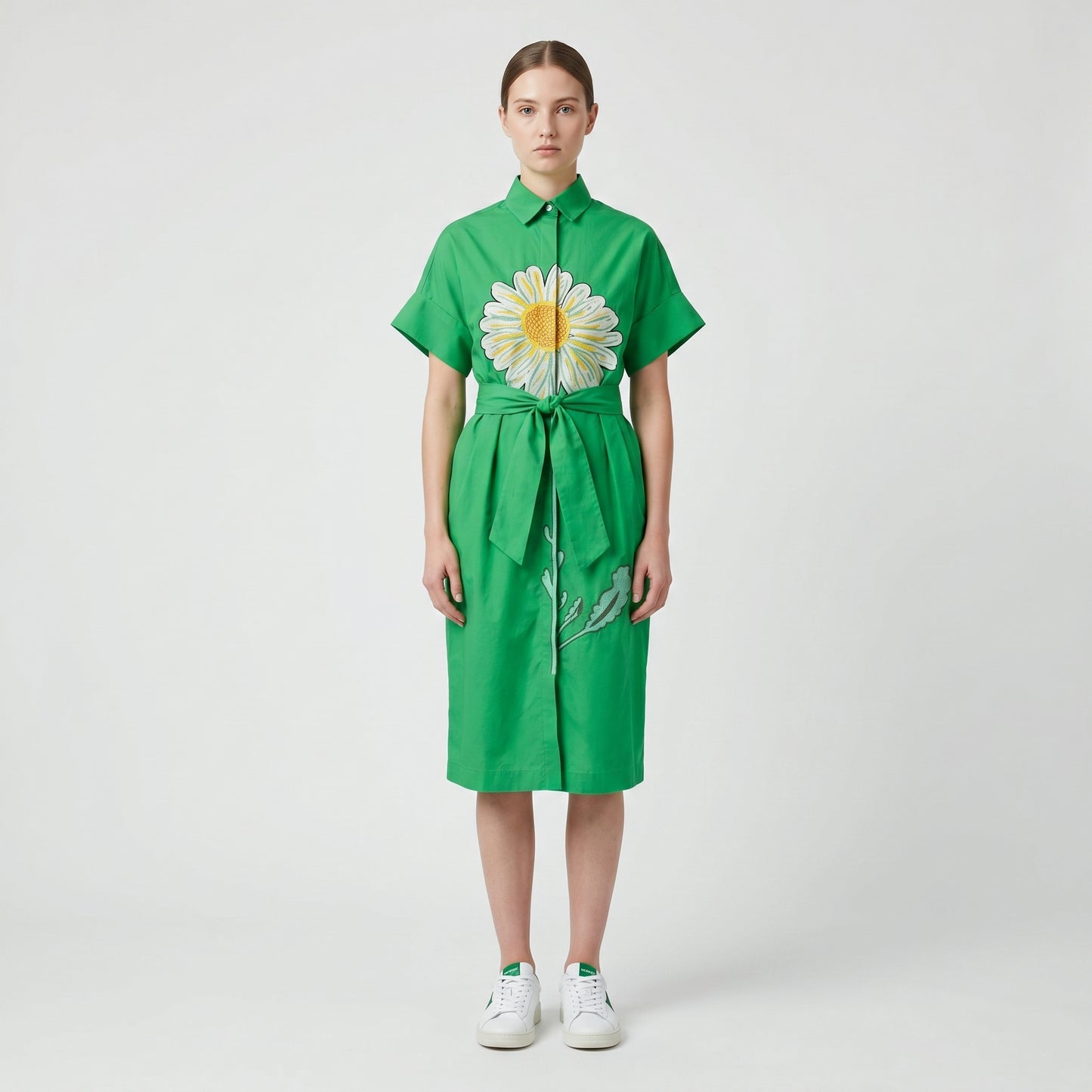 Floral Embroidered Green Shirt Dress