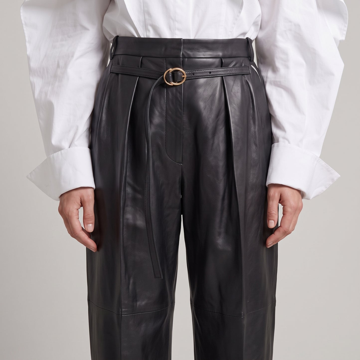 High-Waisted Leather Belted Trousers