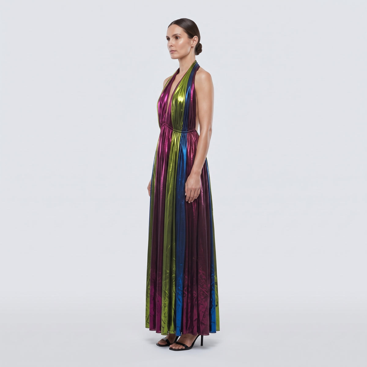 Metallic Plissé Halter Maxi Dress