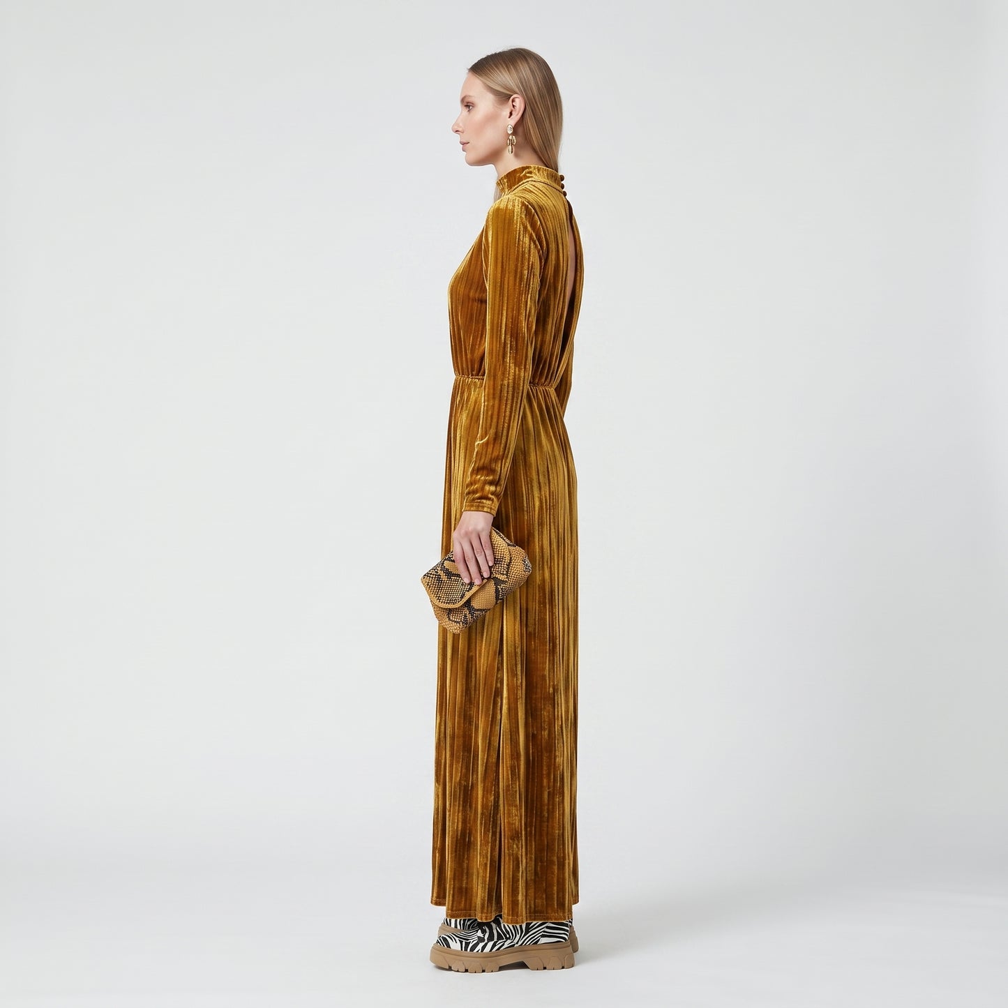 Metallic Gold Velvet Midi Dress