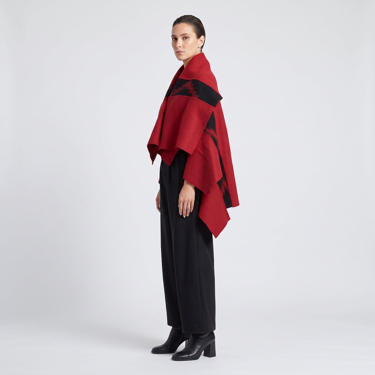 Red Geometric Wool Wrap Cape