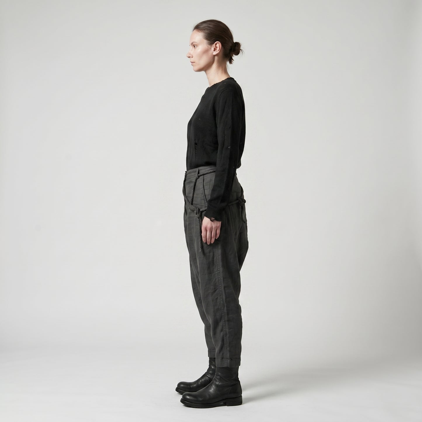 Black Drop-Crotch Linen Trousers