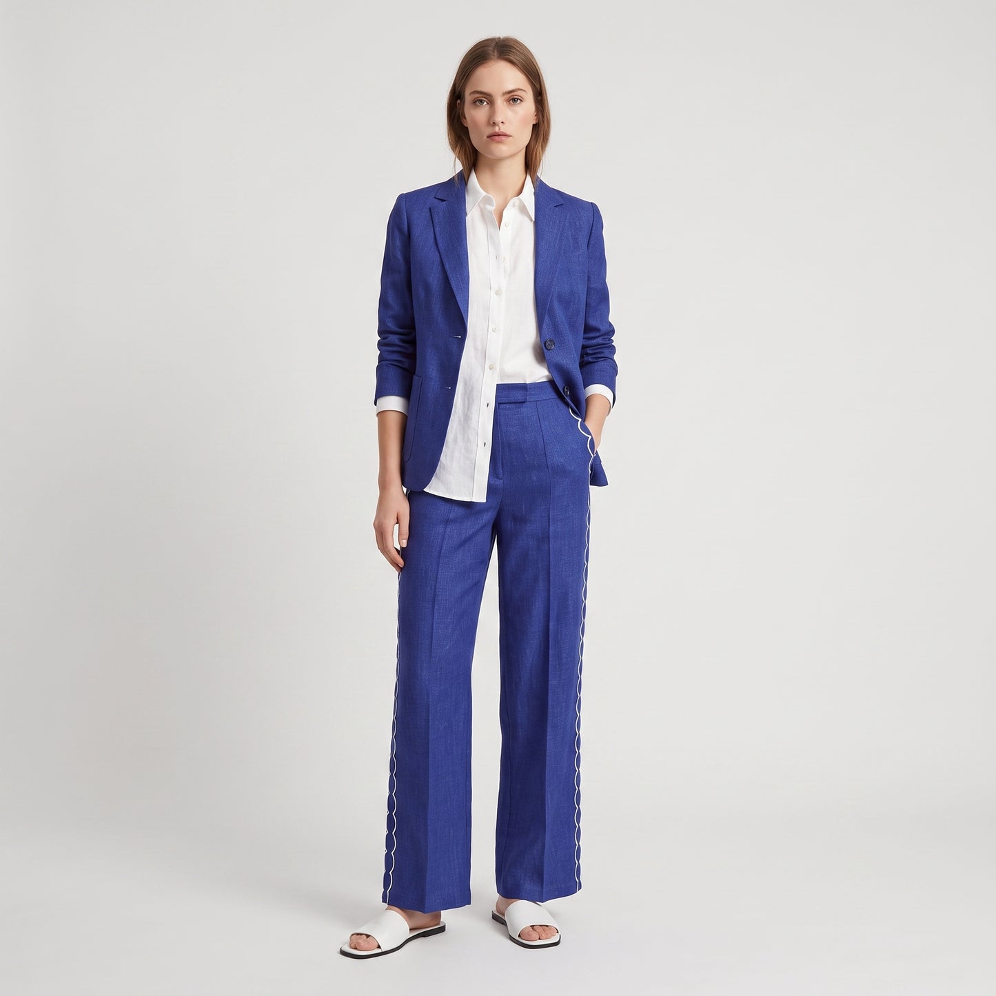 Blue Linen Scalloped Trousers