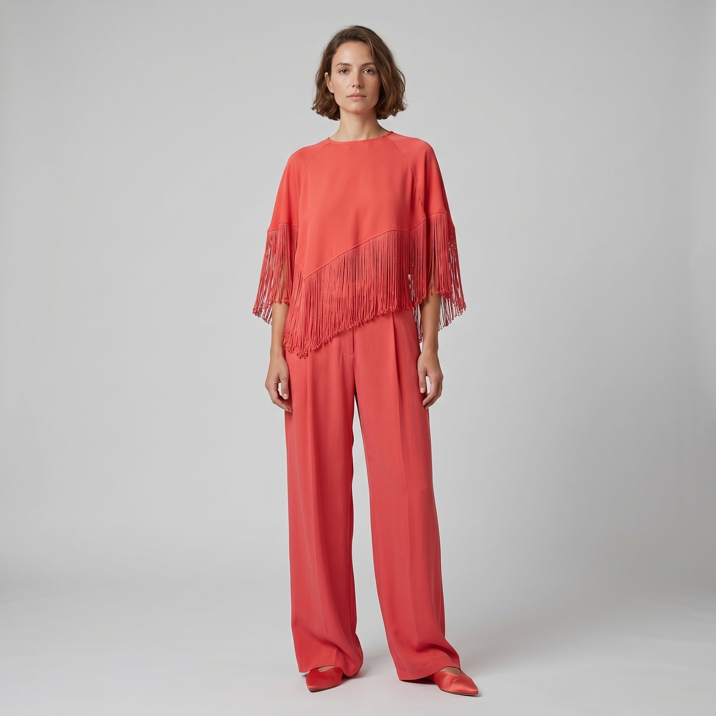 Asymmetric Fringe Coral Blouse