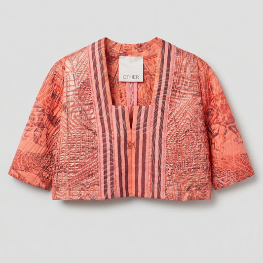 Quilted Coral Jacquard Cropped Jacket