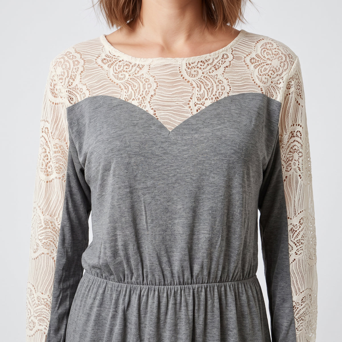 Lace-Paneled Grey Jersey Tunic