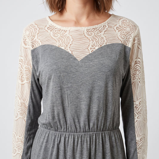 Lace-Paneled Grey Jersey Tunic