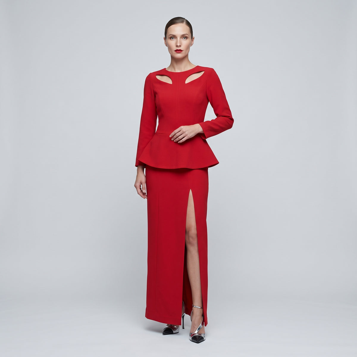 Structured Red Peplum Midi Dress