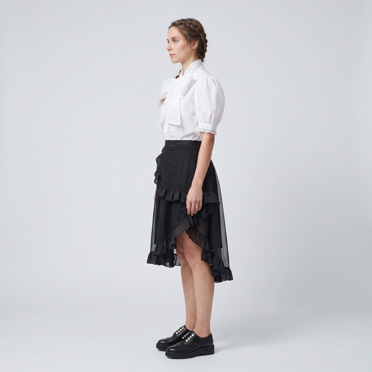 Ruffled Tulle Midi Skirt