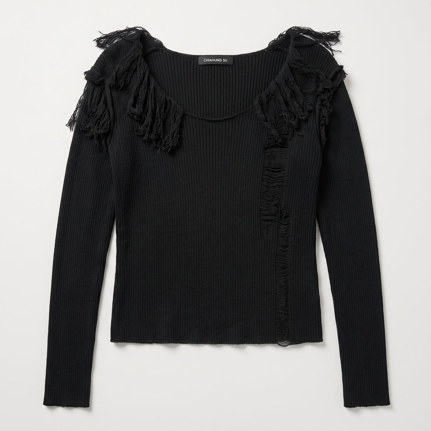 Distressed Fringed Ribbed Knit Sweater