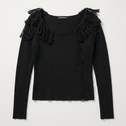 Distressed Fringed Ribbed Knit Sweater