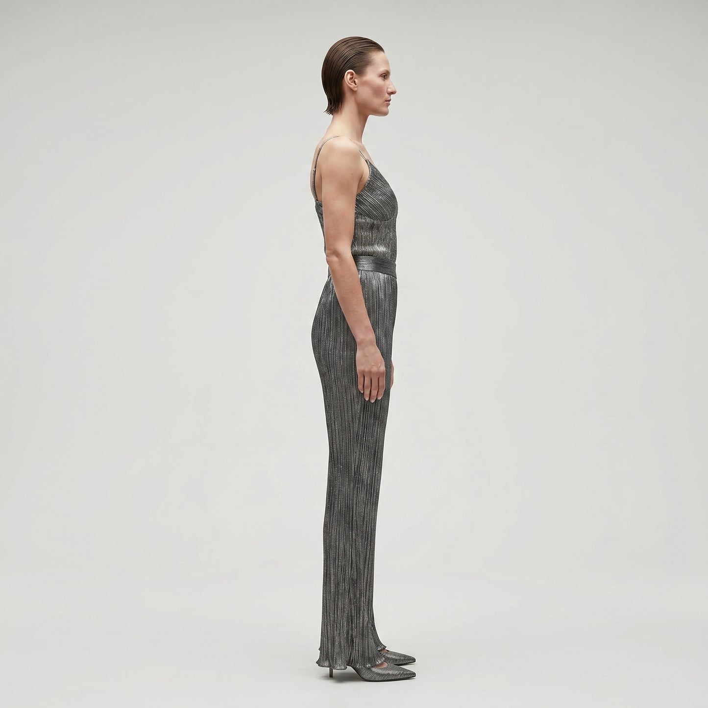 Metallic Pleated Flared Trousers