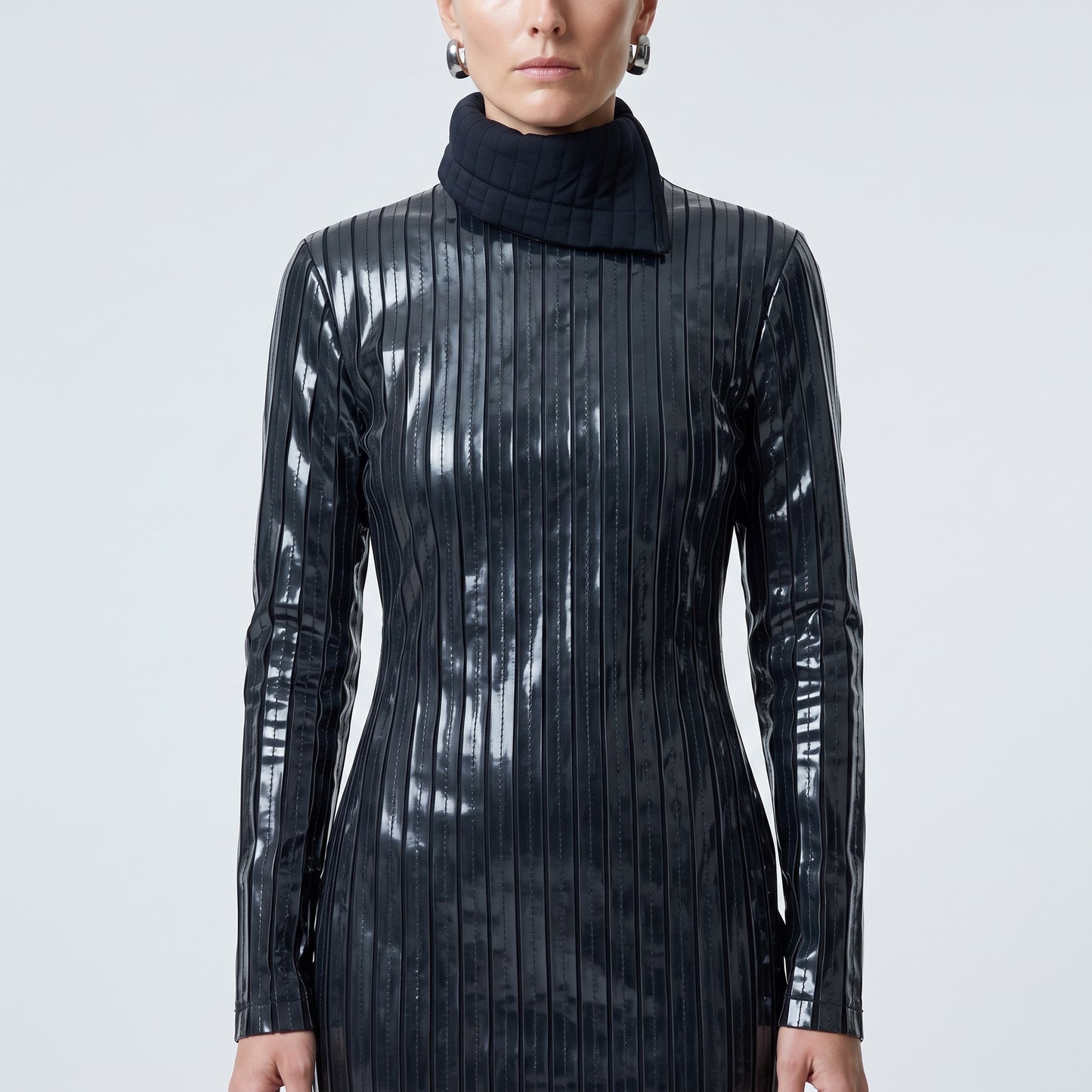 Glossy Pleated Turtleneck Midi Dress