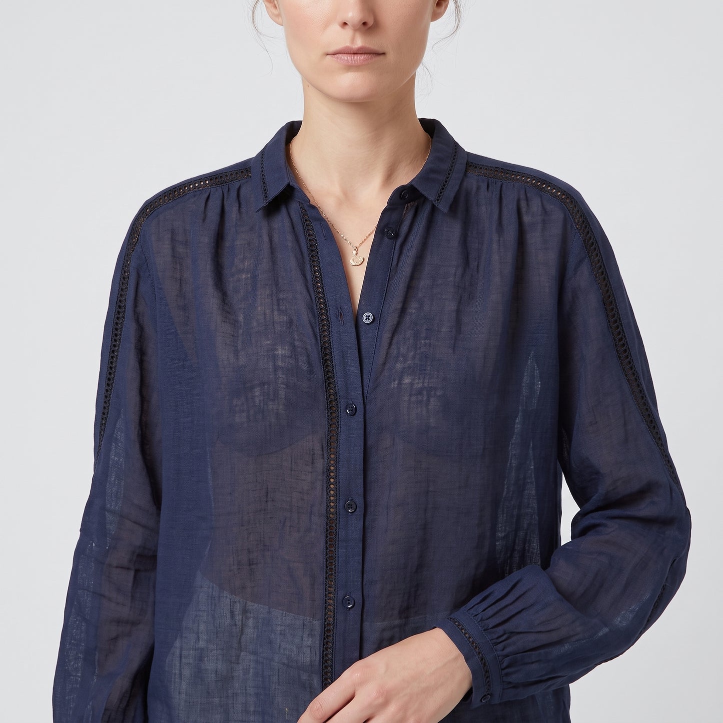Navy Lace Trim Linen Shirt