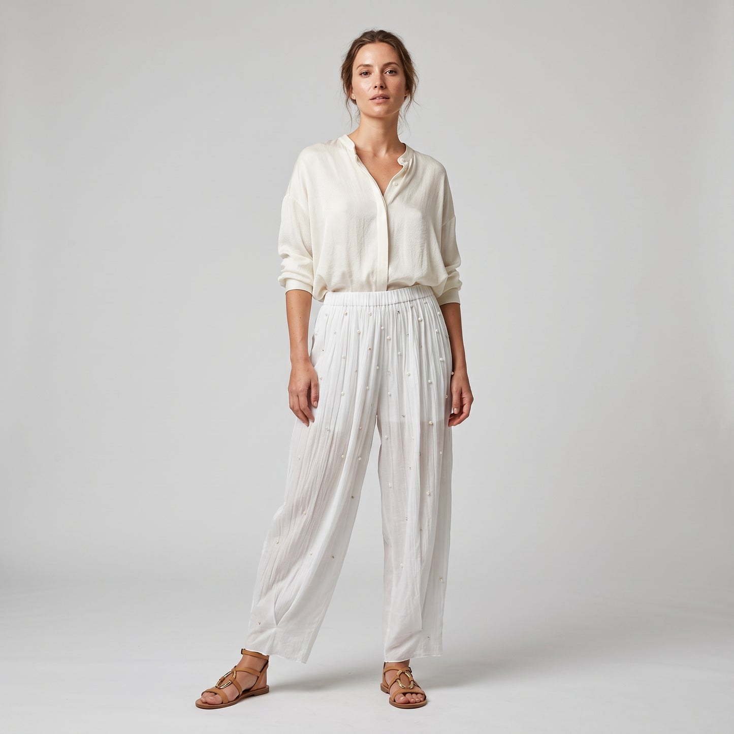 Embellished Pleated Cotton Trousers