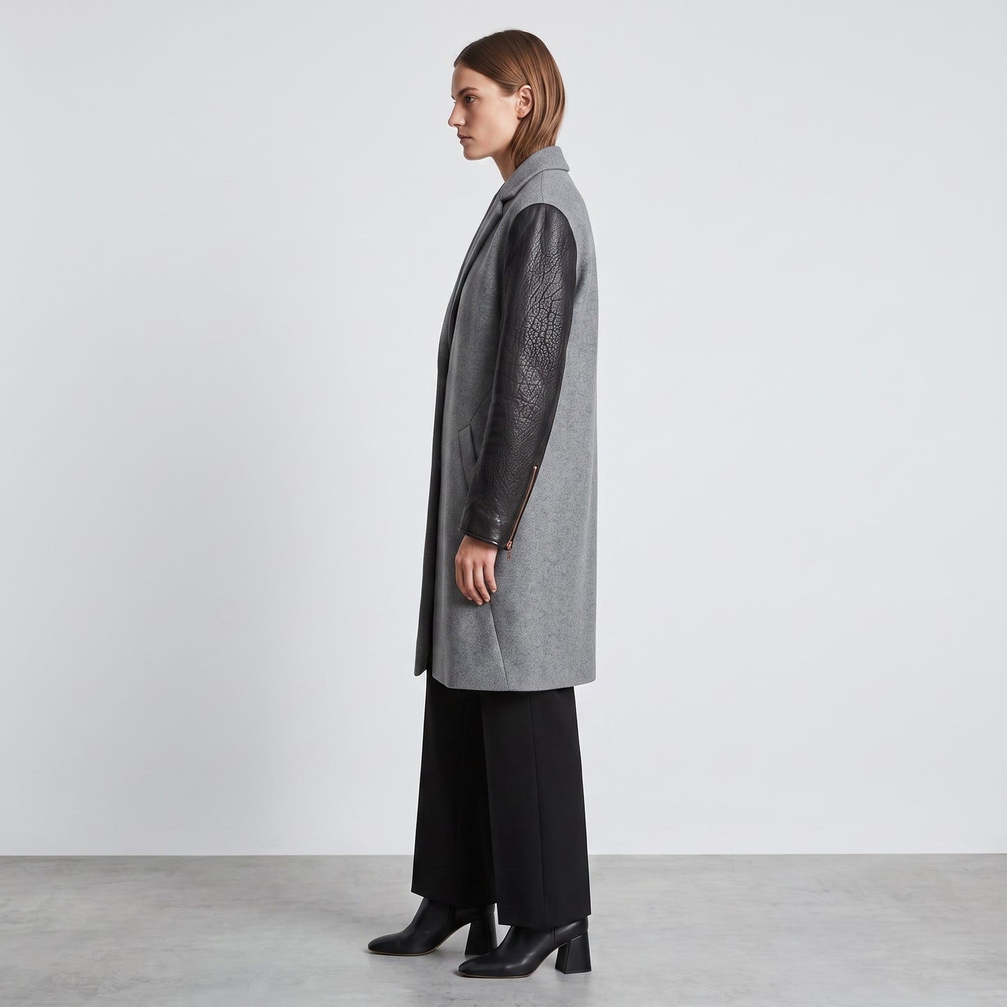 Wool Blend Leather Sleeve Coat