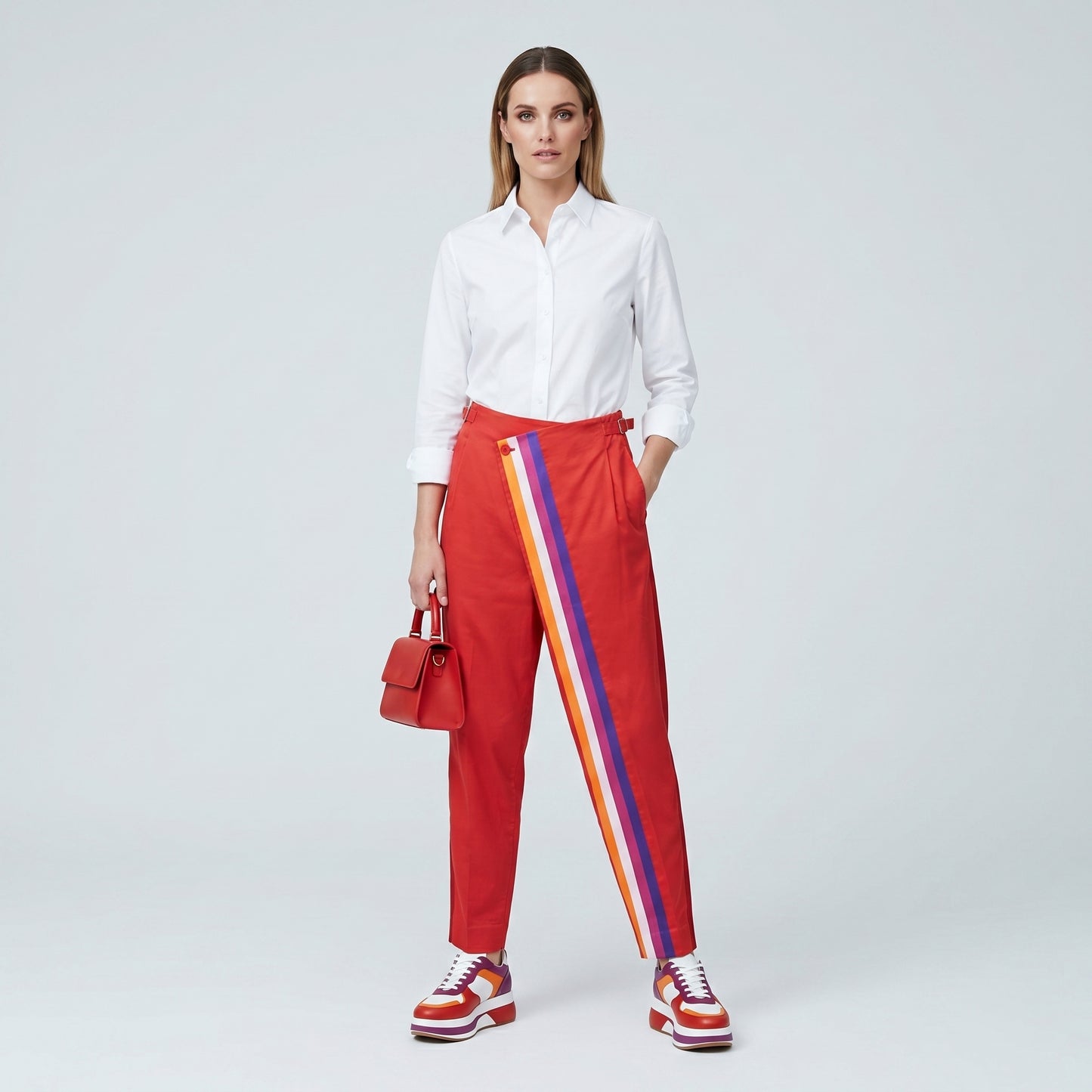 Asymmetric Striped Red Trousers