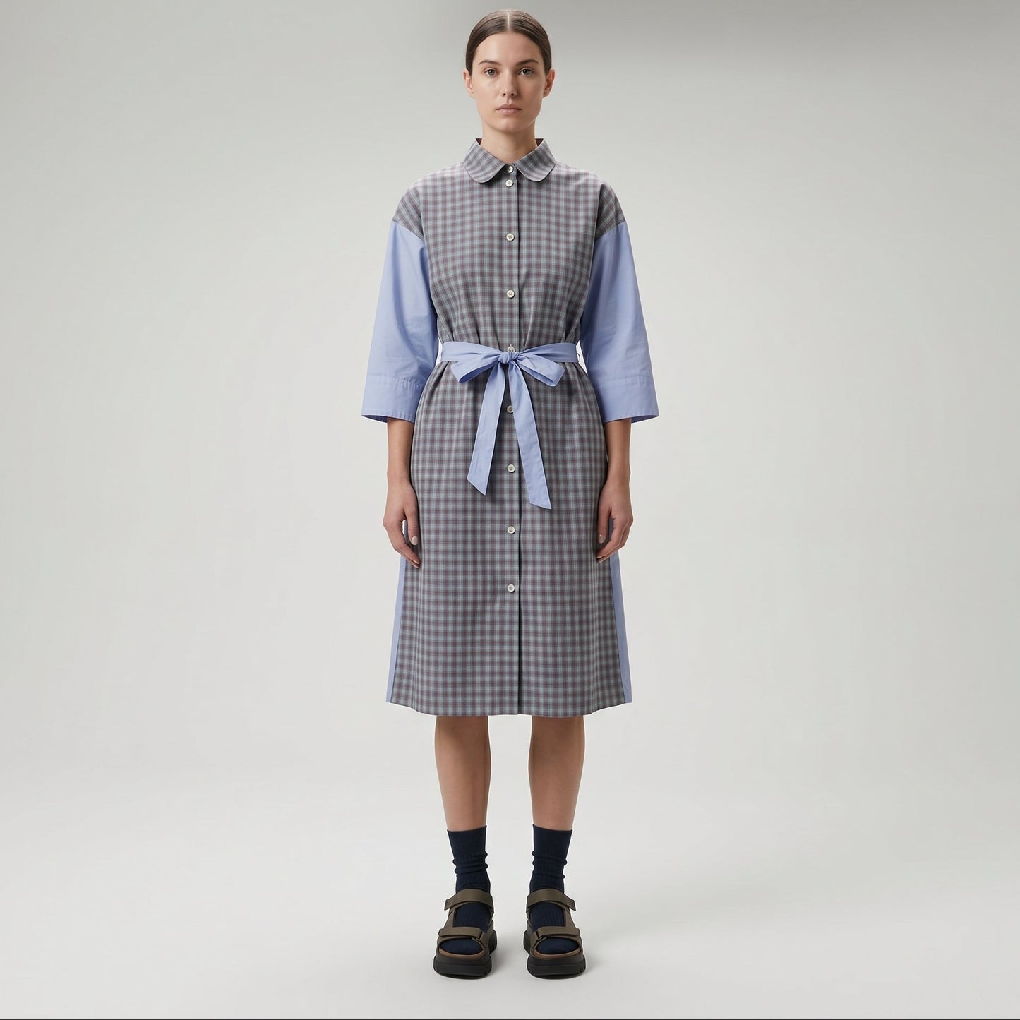 Checkered Panel Tie-Waist Dress