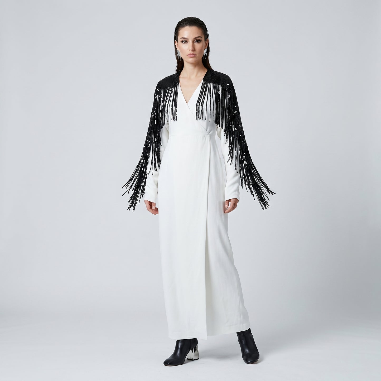 Embellished Fringe Wrap Maxi Dress