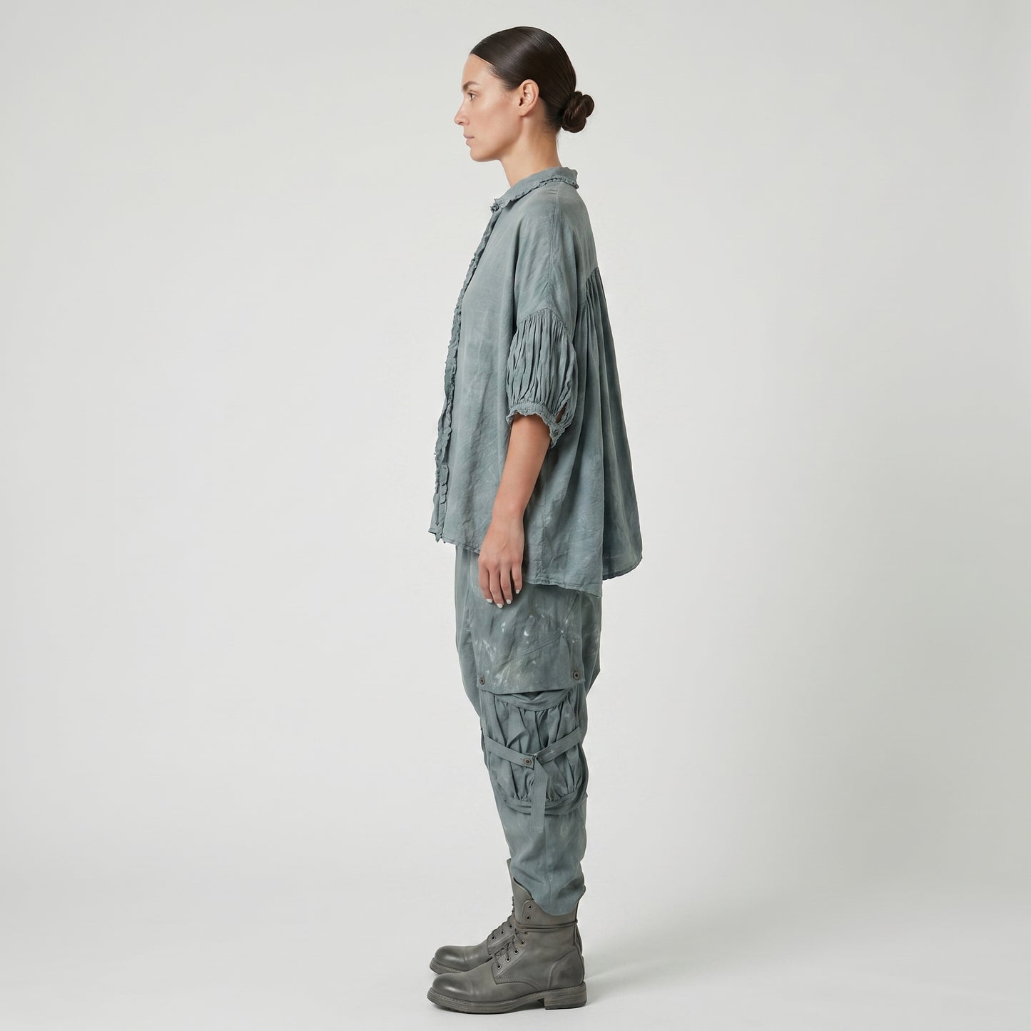 Puffed Sleeve Ruffle Trim Blouse