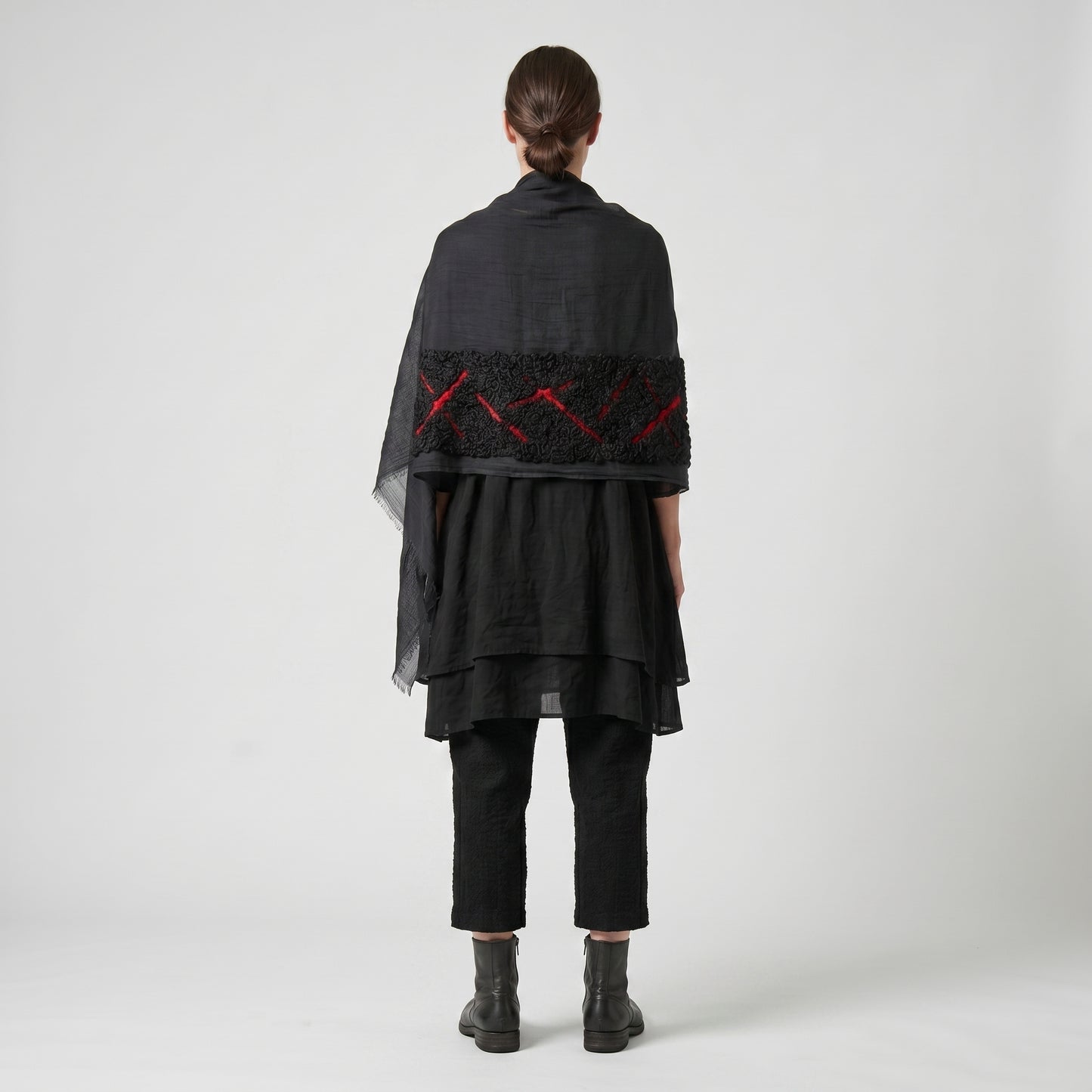 Embroidered Grey Raw Edge Scarf