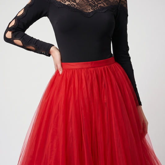 Voluminous Red Tulle Maxi Skirt