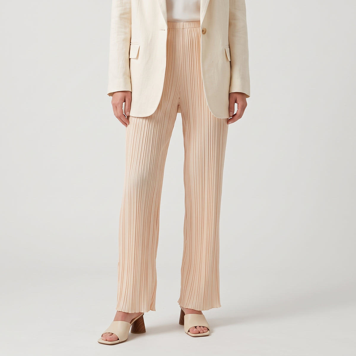 Pleated Wide-Leg Beige Trousers