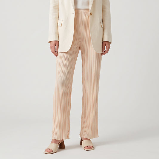 Pleated Wide-Leg Beige Trousers