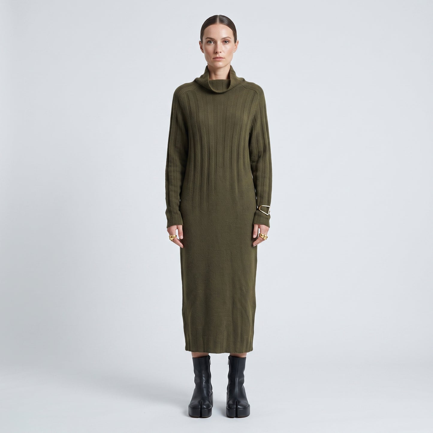 Olive Ribbed Knit Sweater Dress