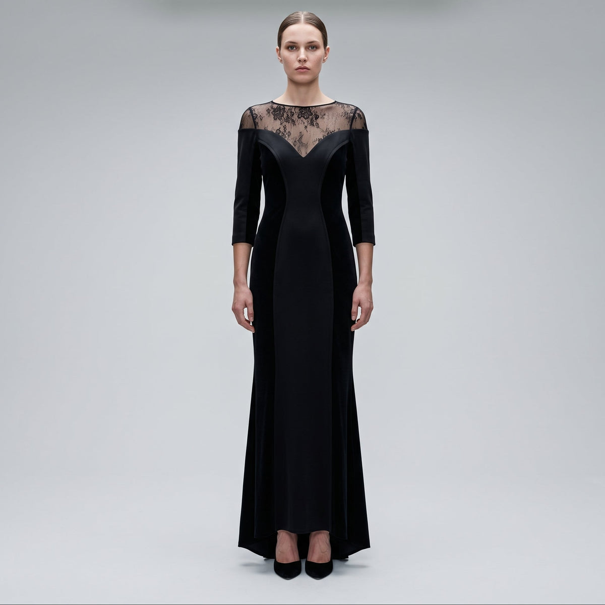 Lace Paneled Velvet Evening Gown