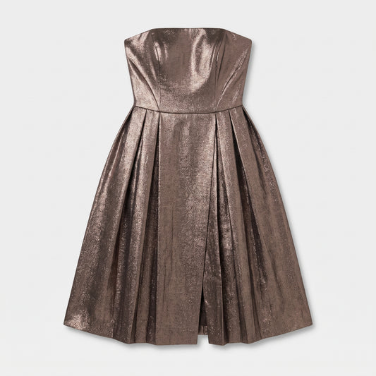Metallic Strapless Pleated Dress