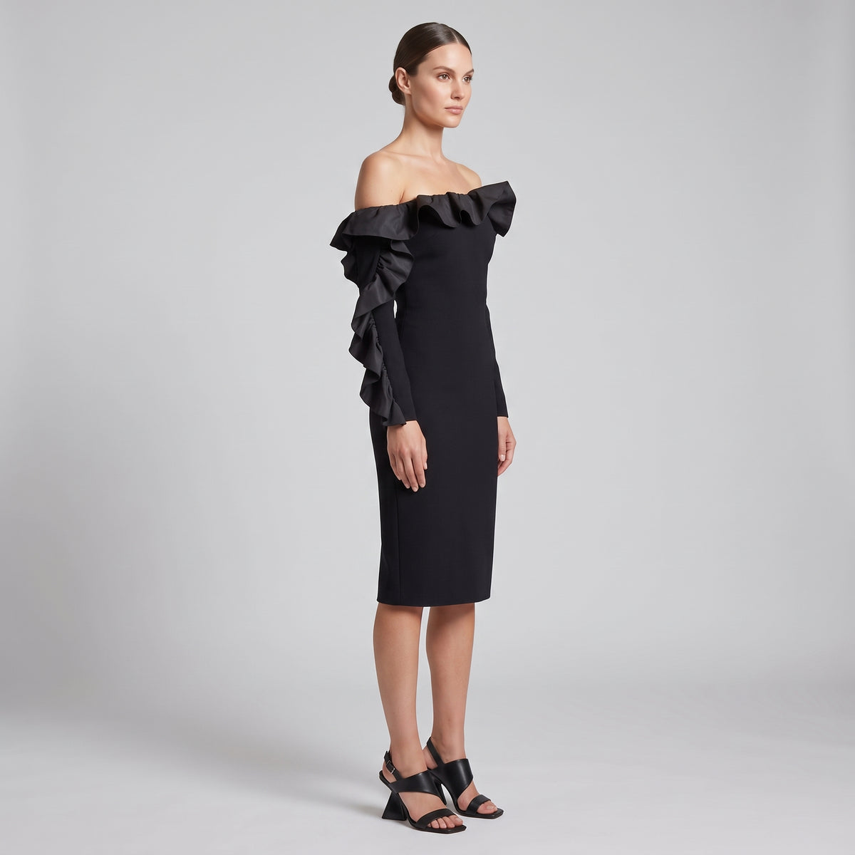 Black Ruffled One-Shoulder Dress