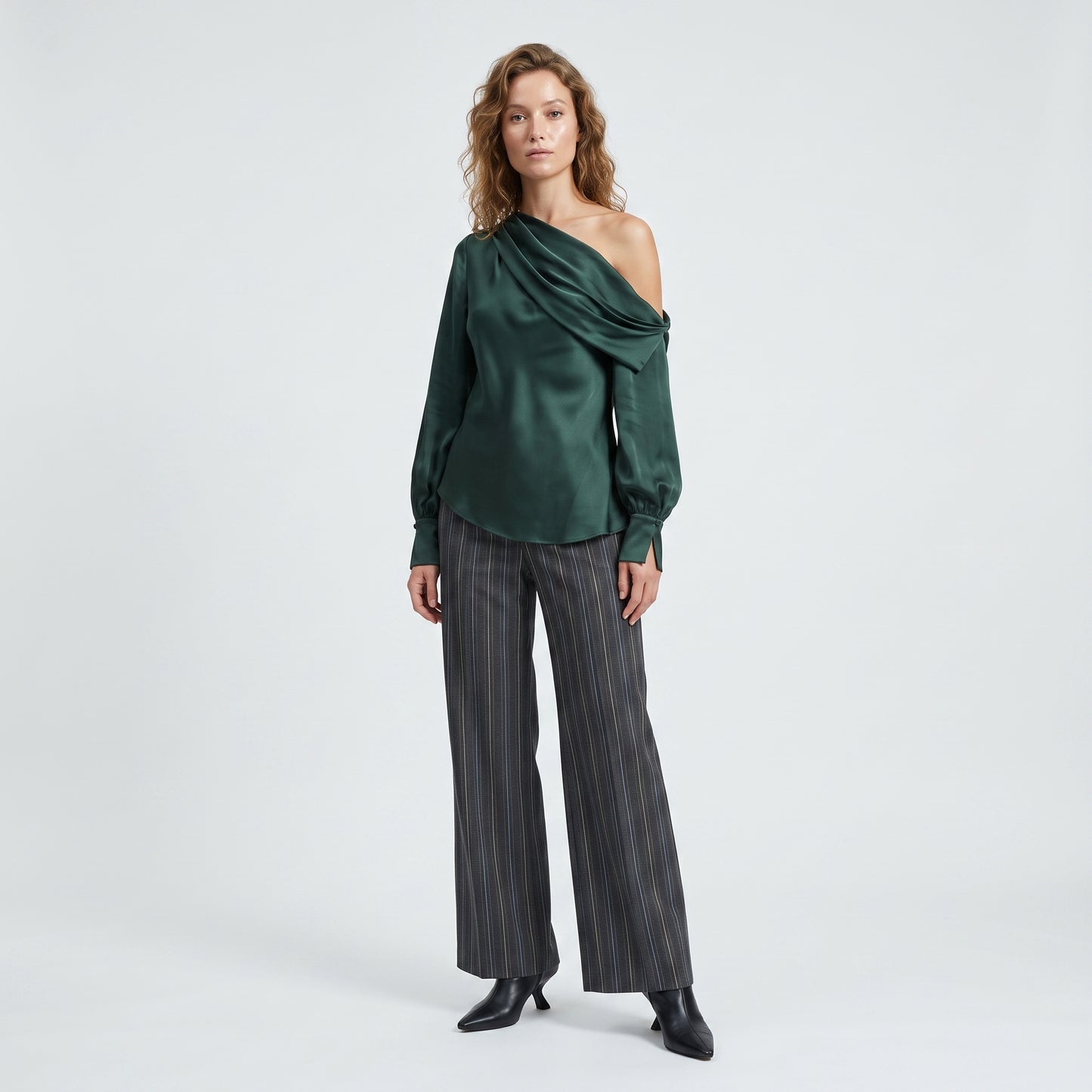 Draped One-Shoulder Satin Blouse