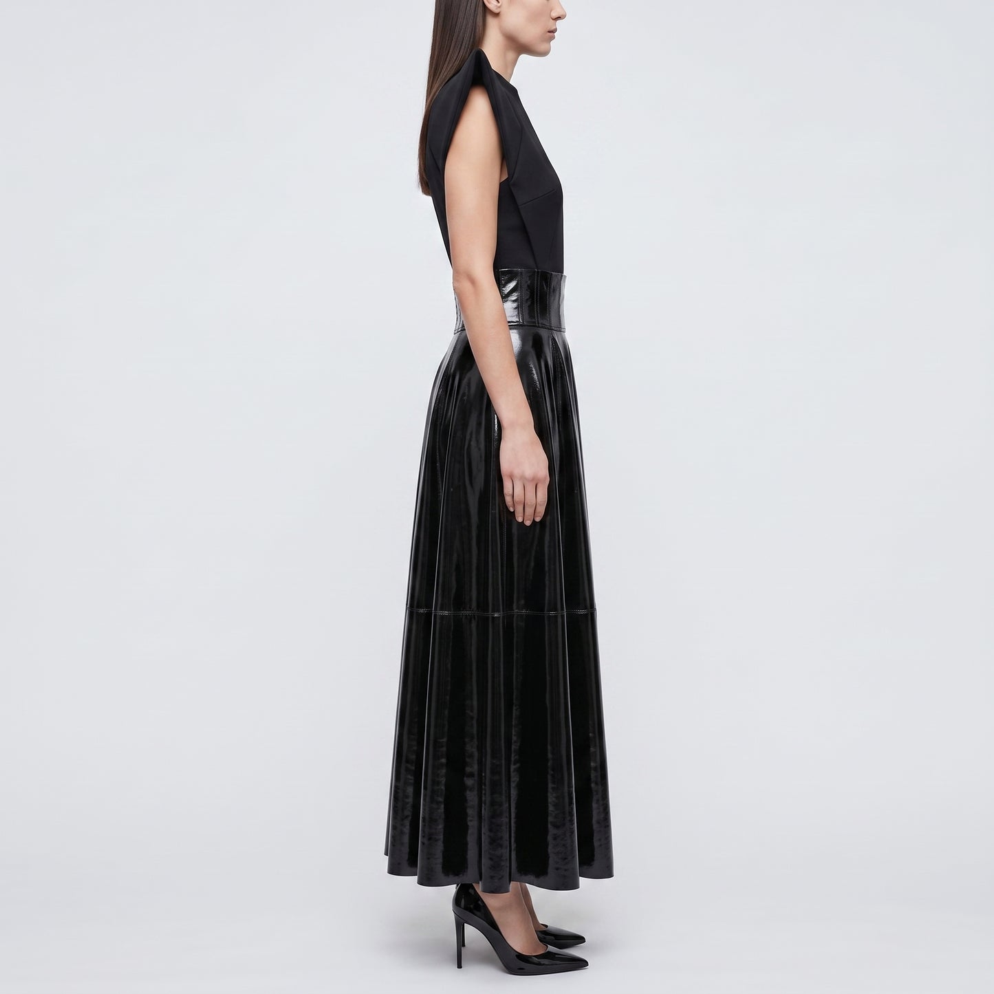 High-Waisted Patent Midi Skirt
