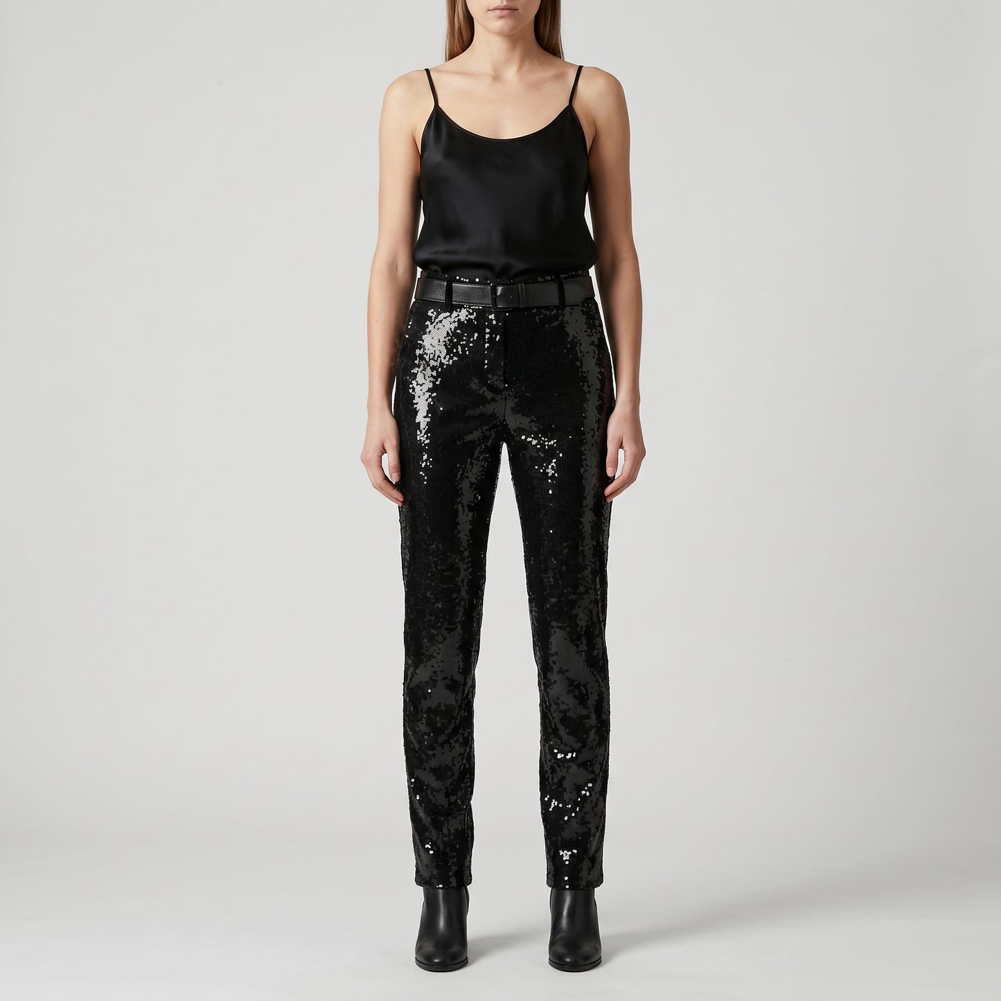 Black Sequin Belted Trousers
