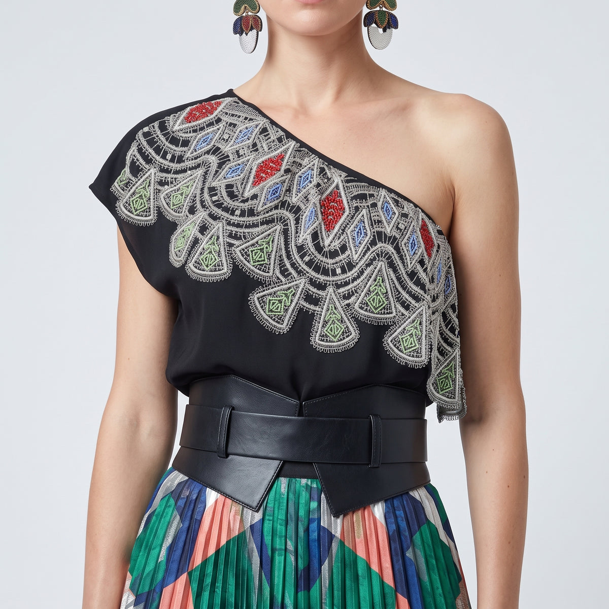 Embellished One-Shoulder Satin Top